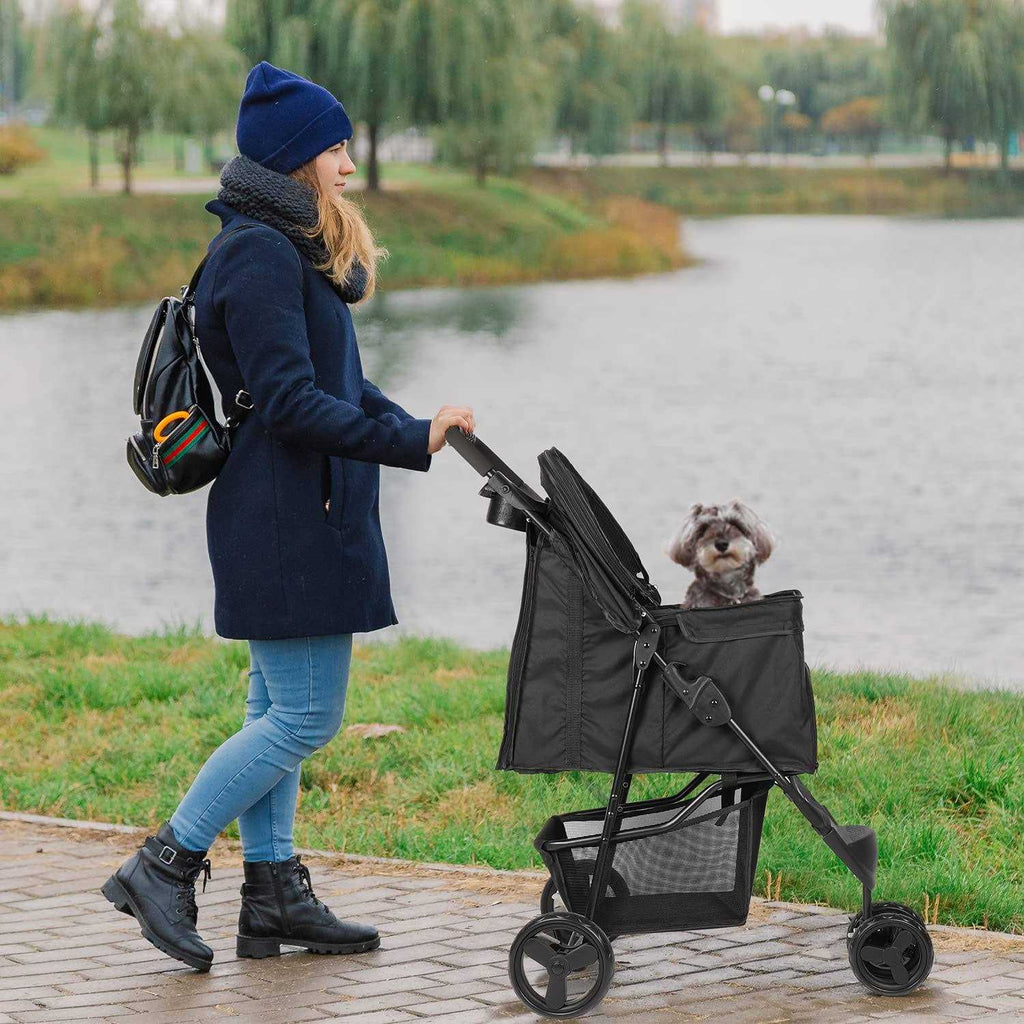 3 Wheels Foldable Pet Stroller with Brake, Canopy, Cup Holders and Storage Q1730