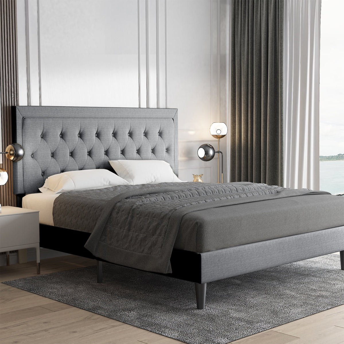 Queen Size Upholstered Platform Bed with Adjustable Headboard P76867