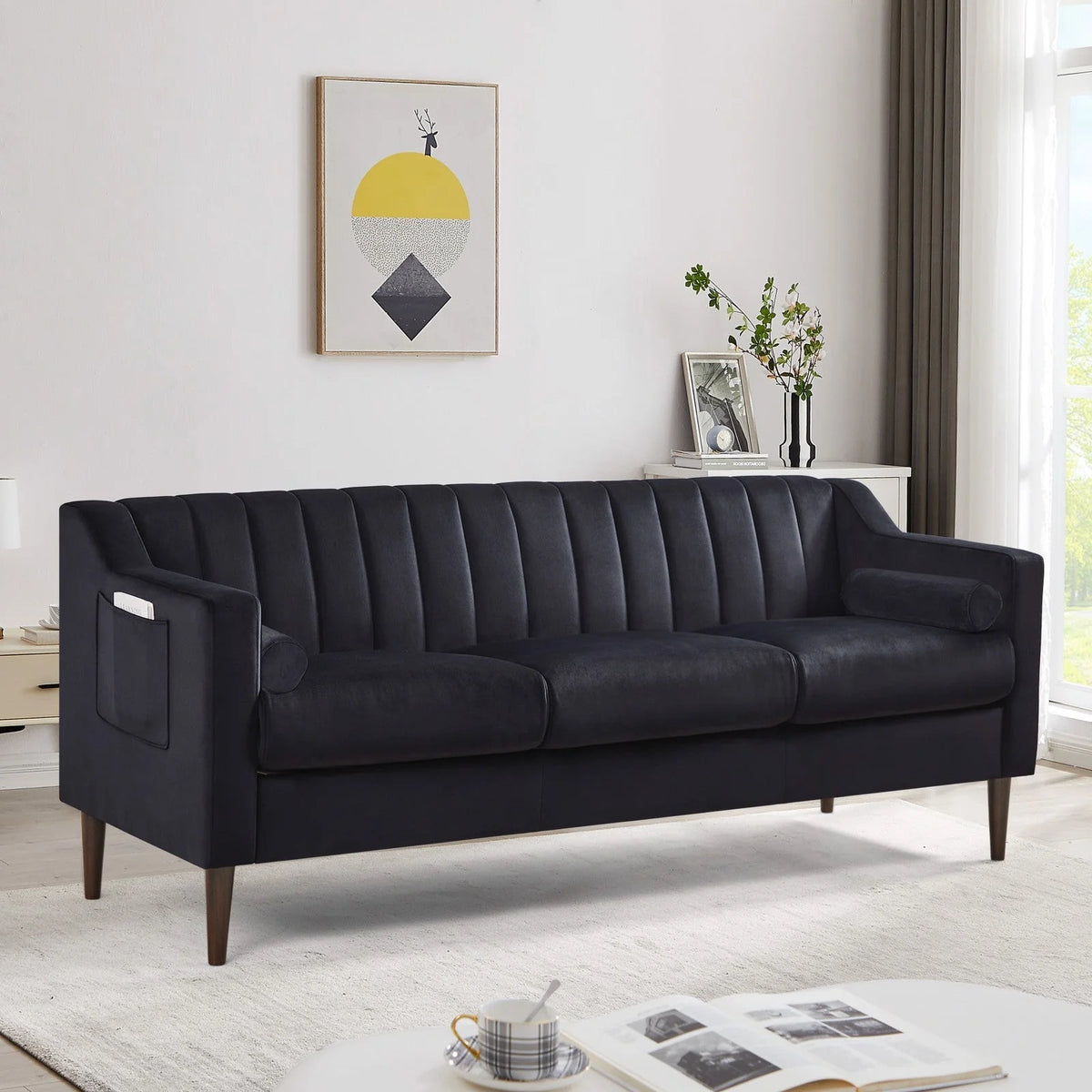 Velvet Upholstered Chesterfield Sofa with Wooden Legs S543265