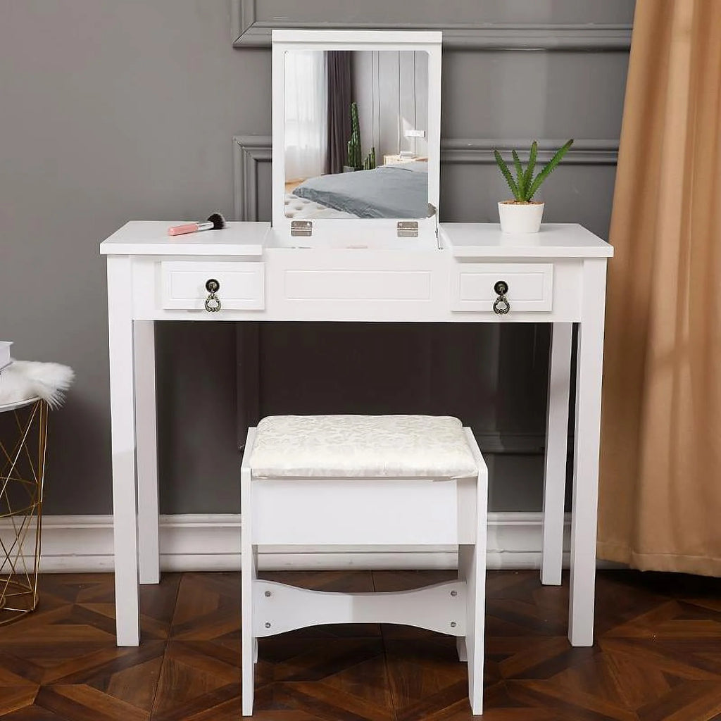 Flip-top Mirror Vanity Set with 2 Drawers and Stool, White E8503