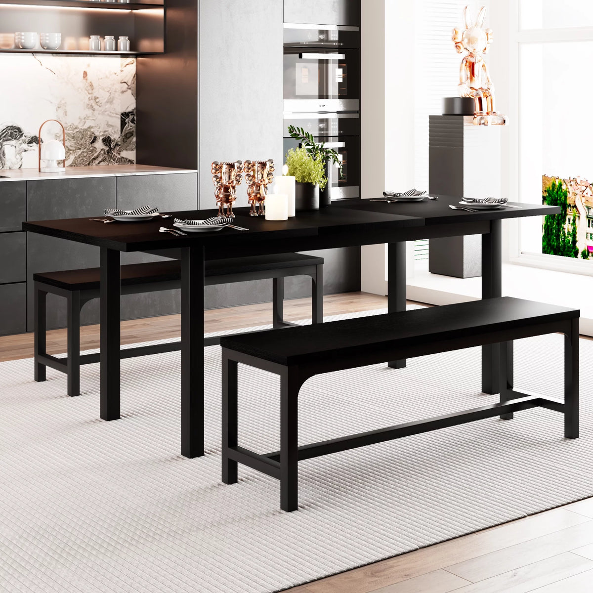 63" Extendable Dining Table Set with 2 Benches D3044