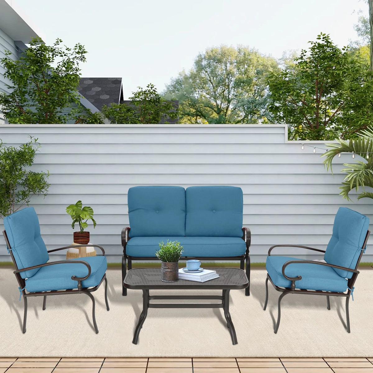 4-Piece Outdoor Furniture Conversation Set with Peacock Blue Cushions T62564
