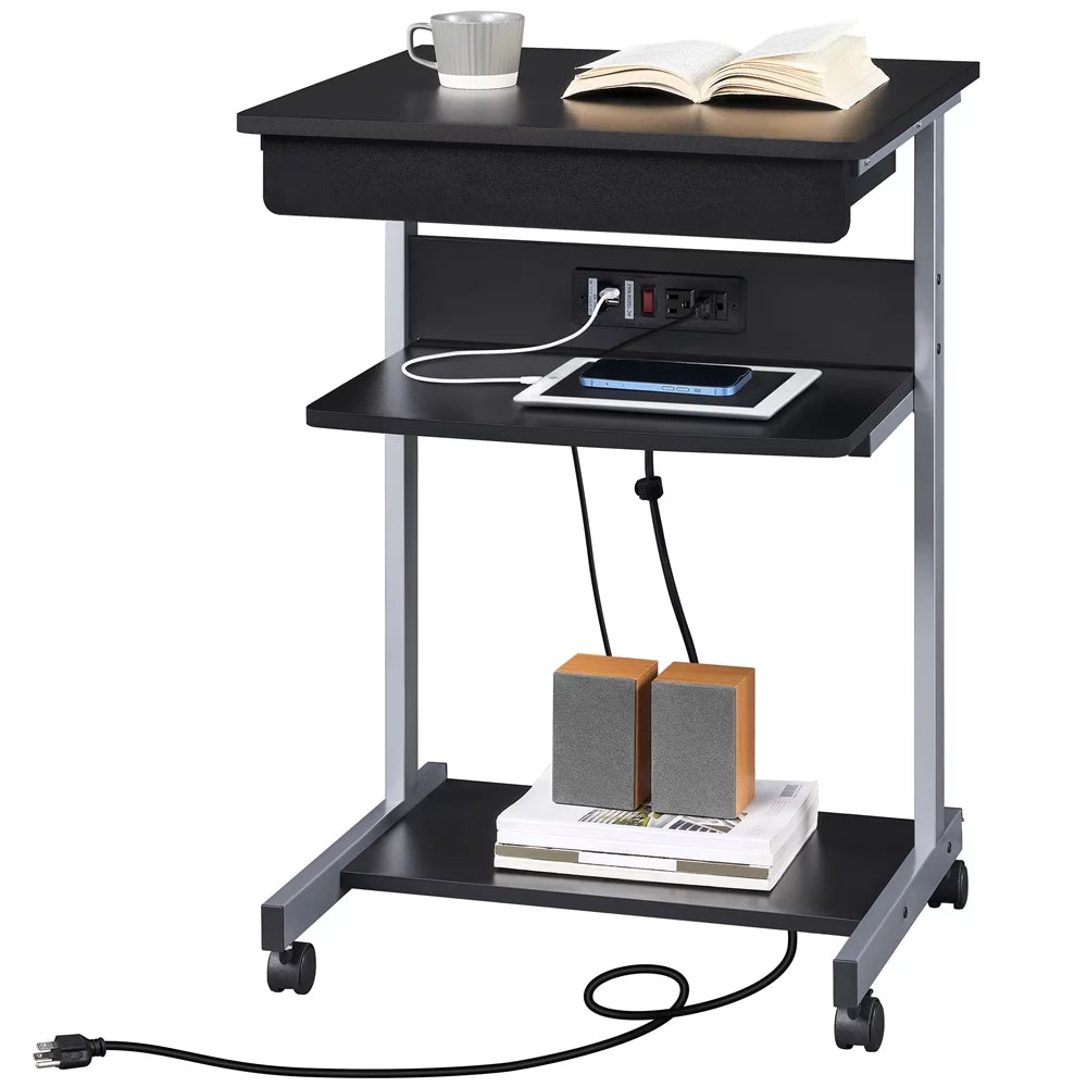 22in Rolling Laptop Computer Desk with Power Outlet, Black U527392