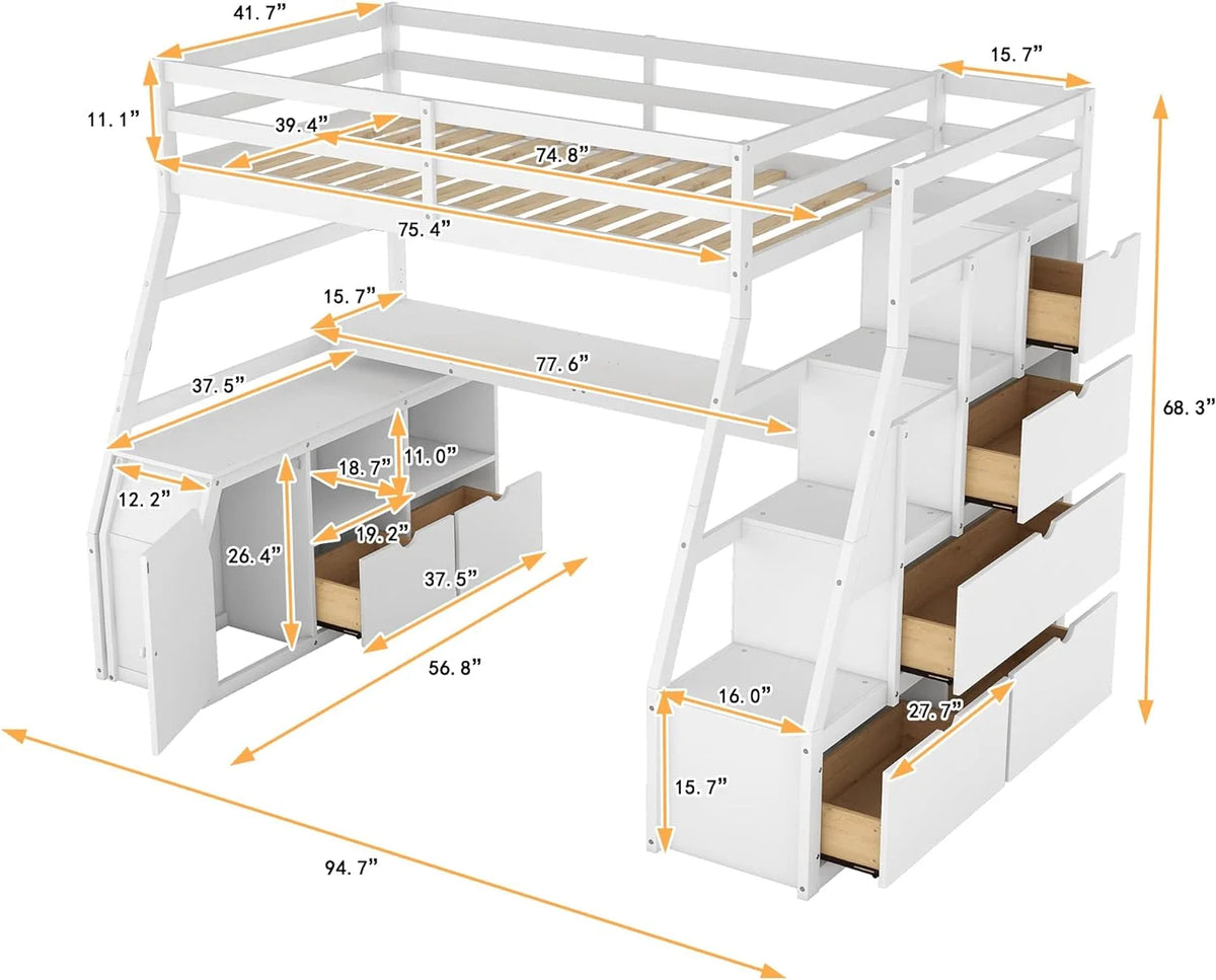 White Solid Wood Loft Bed with Stairs and Desk J468208