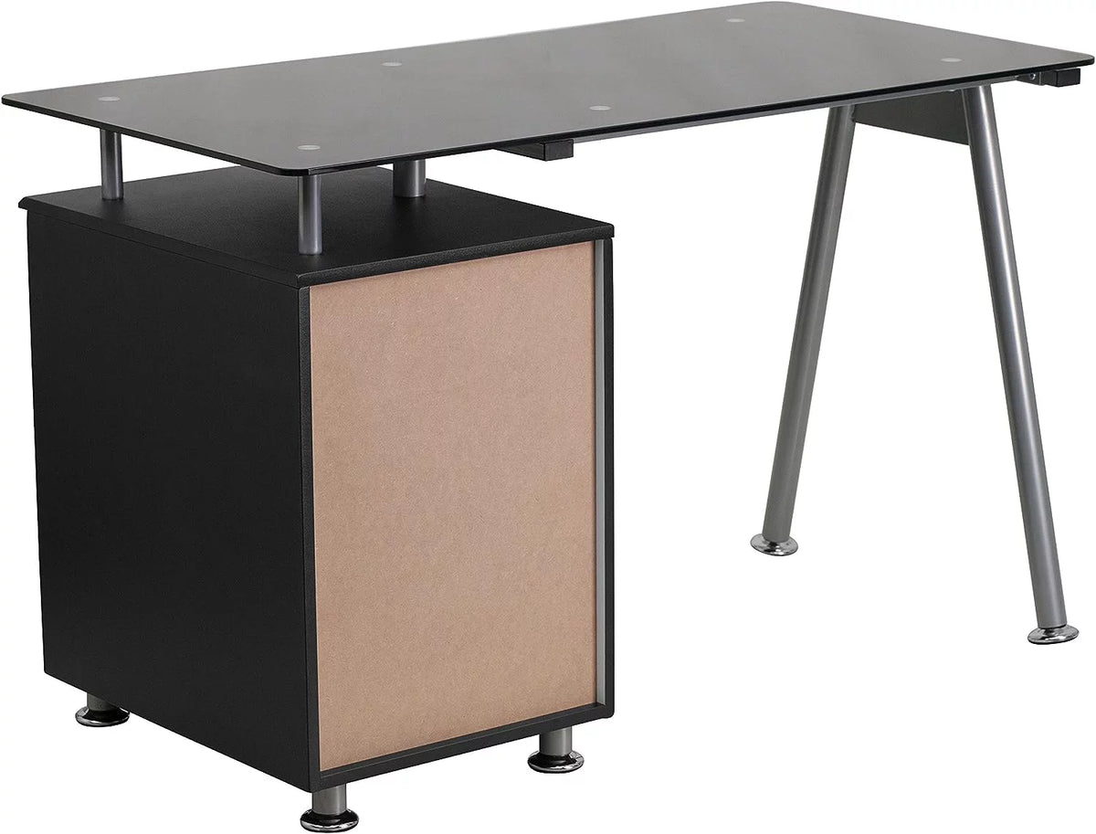 Black Glass Computer Desk with Three Drawer Pedestal Y561106
