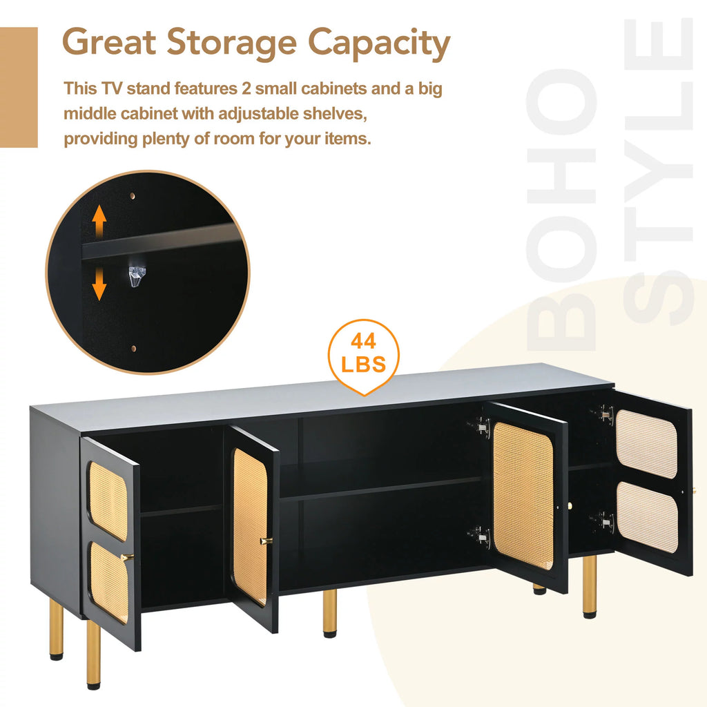 Boho Rattan TV Stand with Gold Metal Base I18773