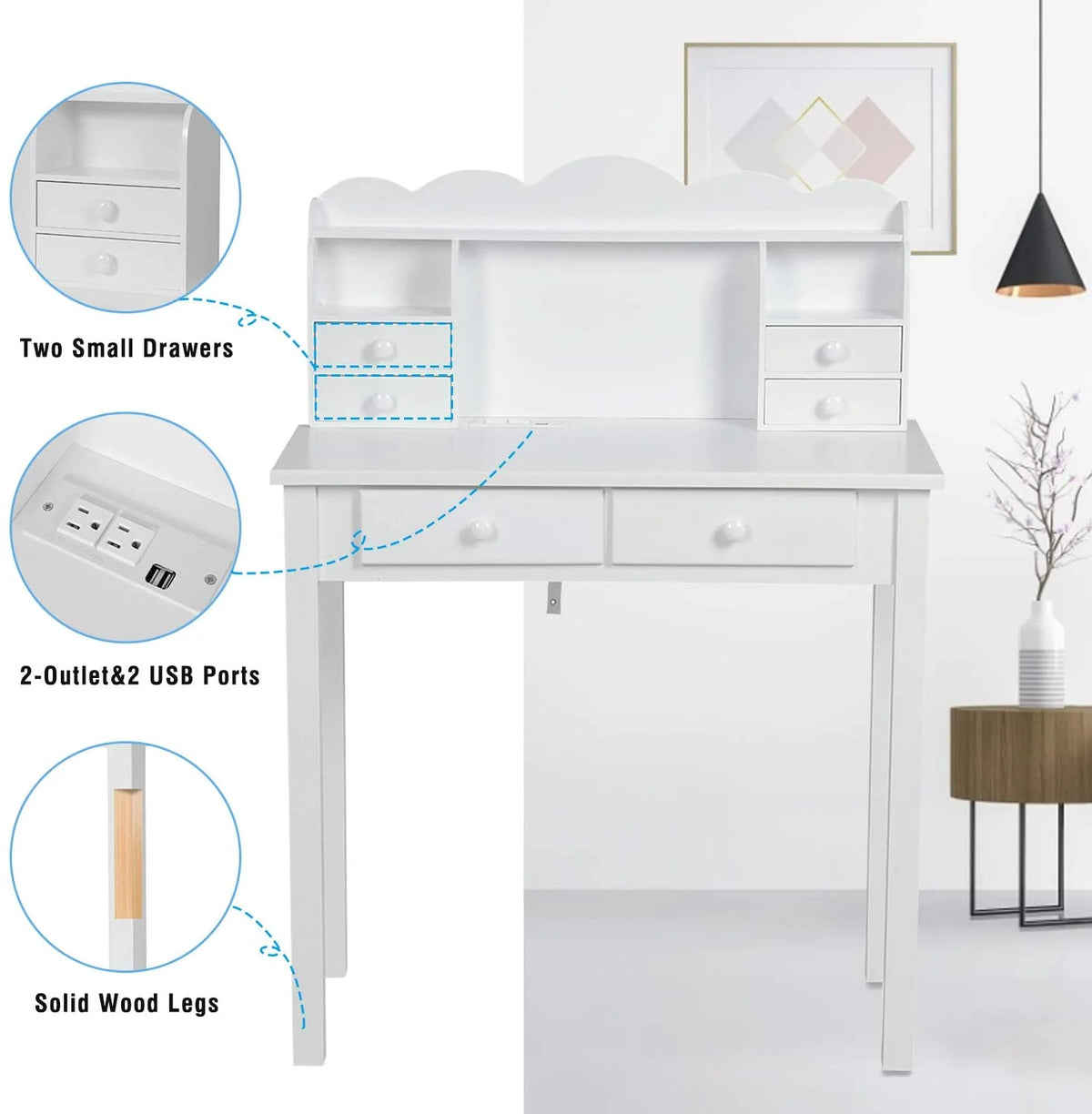 31.5" White Writing Desk with Hutch and USB Ports B3991