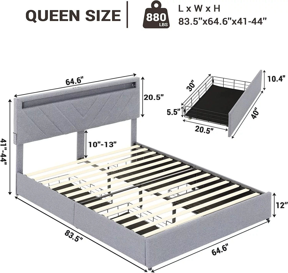 Queen Bed Frame with LED Lights Headboard, 4 Drawers, 2 USB Charging Station, Dark Gray B171