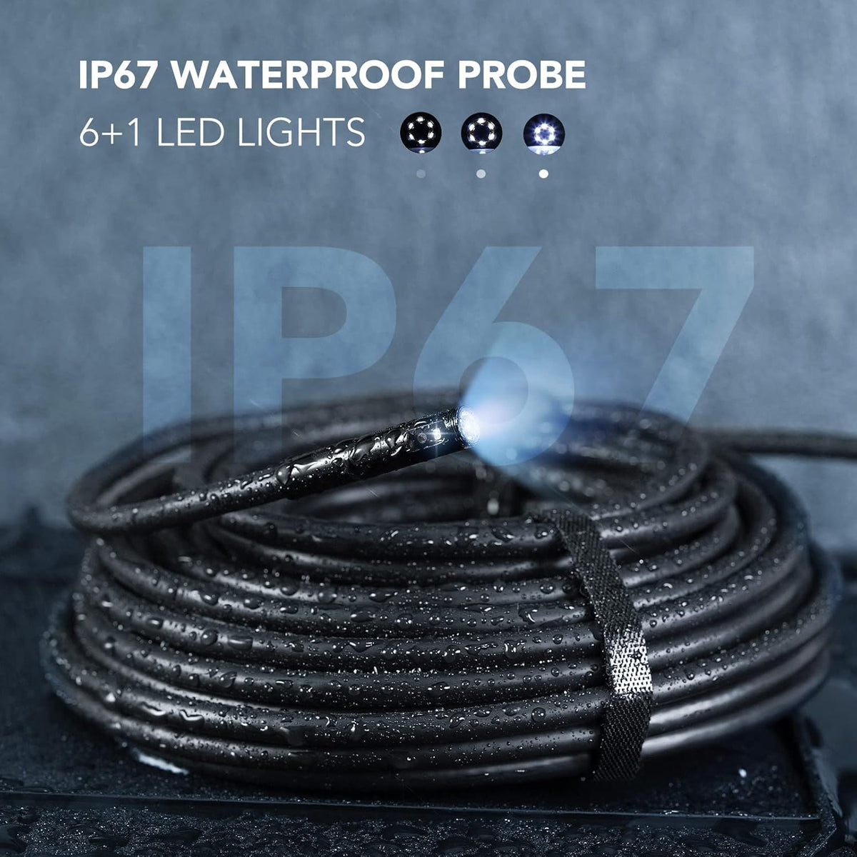 Dual Lens Endoscope with 50FT Semi-Rigid Cable, 1080P Borescope Inspection Camera, 7.9mm, IP67 Waterproof, 7 LED Lights H4154