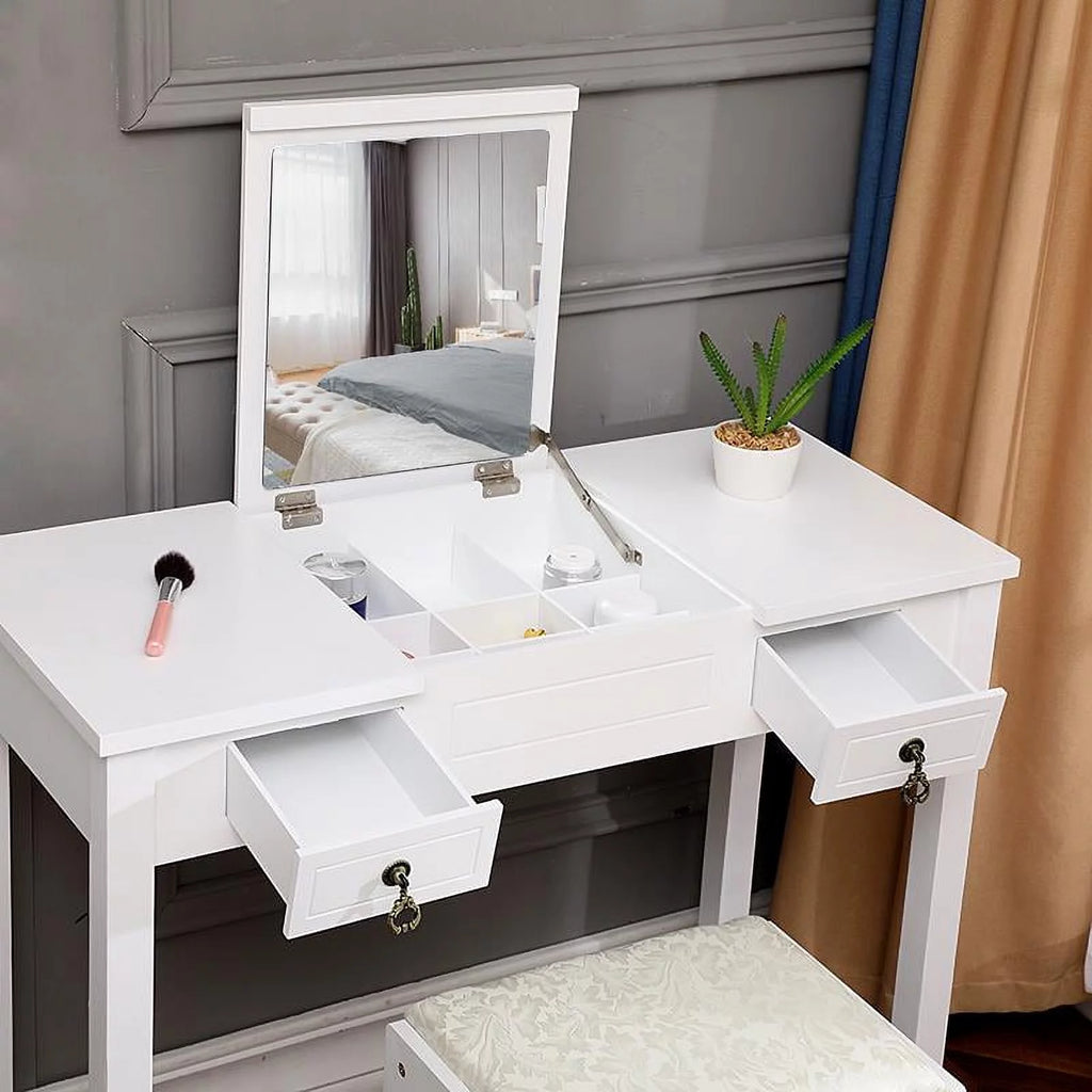 Flip-top Mirror Vanity Set with 2 Drawers and Stool, White E8503