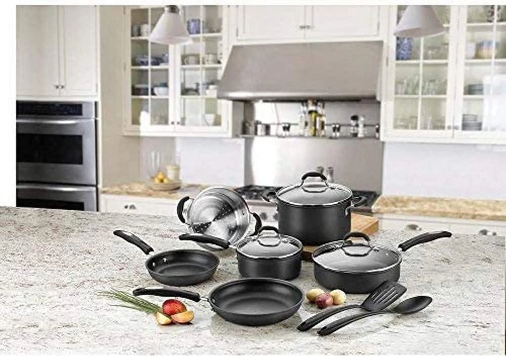 11-Piece Nonstick Hard-Anodized Cookware Set and 12 Piece Ceramic Coated Cutlery Set Matte Black I6166