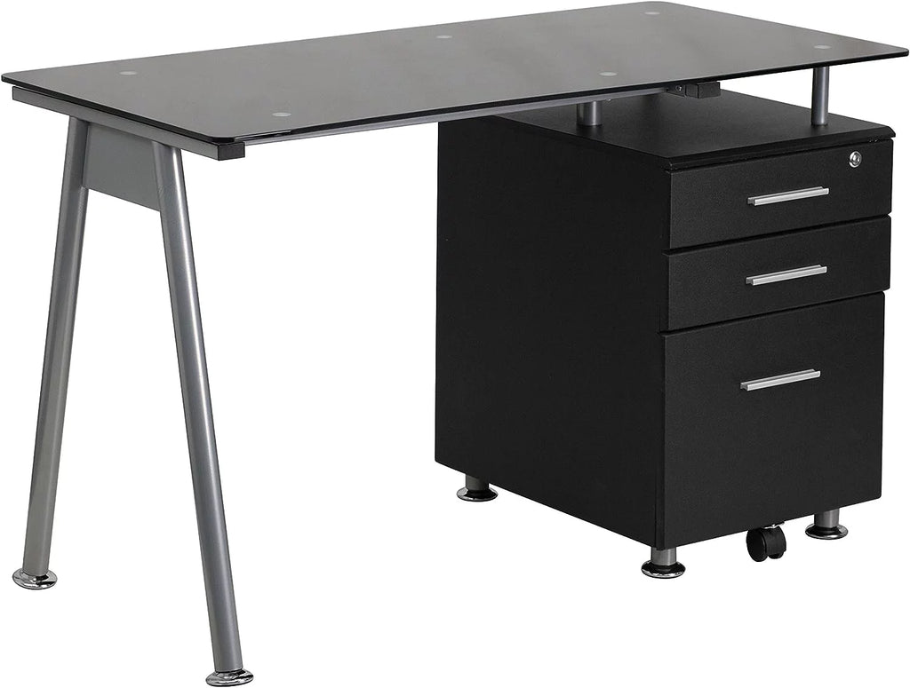 Black Glass Computer Desk with Three Drawer Pedestal Y561106