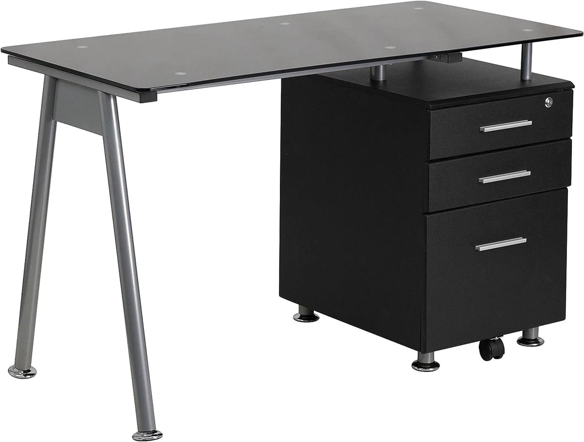 Black Glass Computer Desk with Three Drawer Pedestal Y561106