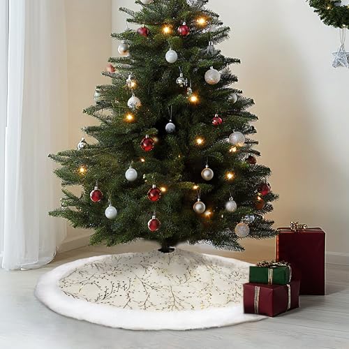 48 Inch White and Gold Faux Fur Plush Velvet Christmas Tree Skirt X4279