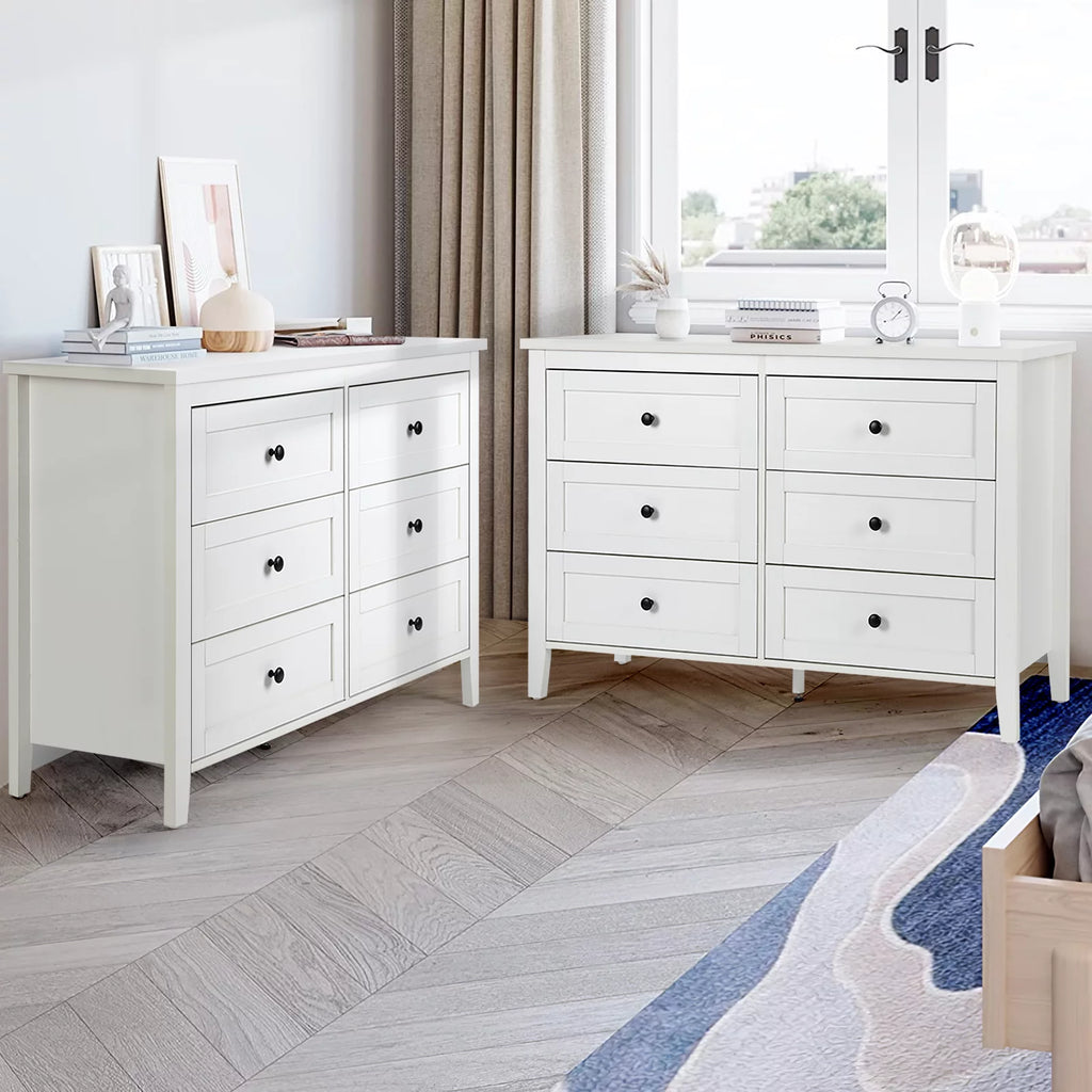 White 6 Drawer Wood Dresser with Metal Knobs E2913