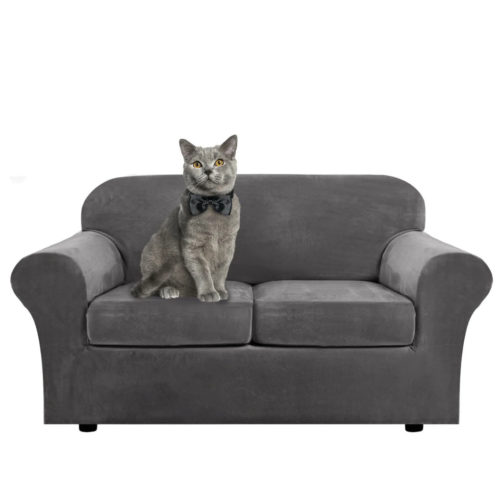 Velvet 3 Piece Stretch Sofa Covers Loveseat Covers Gray D54638