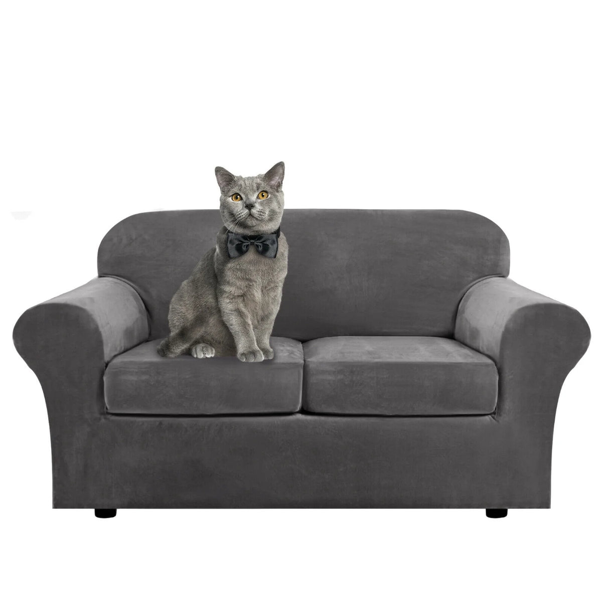 Velvet 3 Piece Stretch Sofa Covers Loveseat Covers Gray D54638