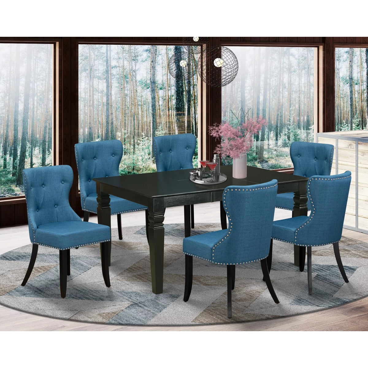 Linen Fabric Mineral Blue 6 Pc Kitchen Table Set V199605