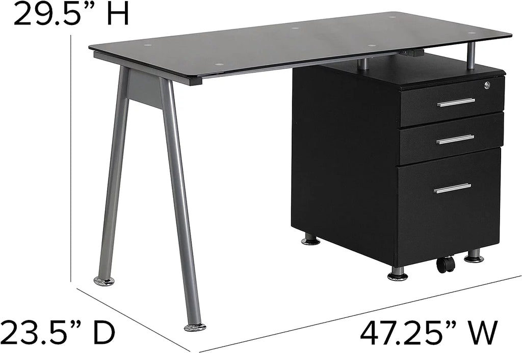 Black Glass Computer Desk with Three Drawer Pedestal Y561106