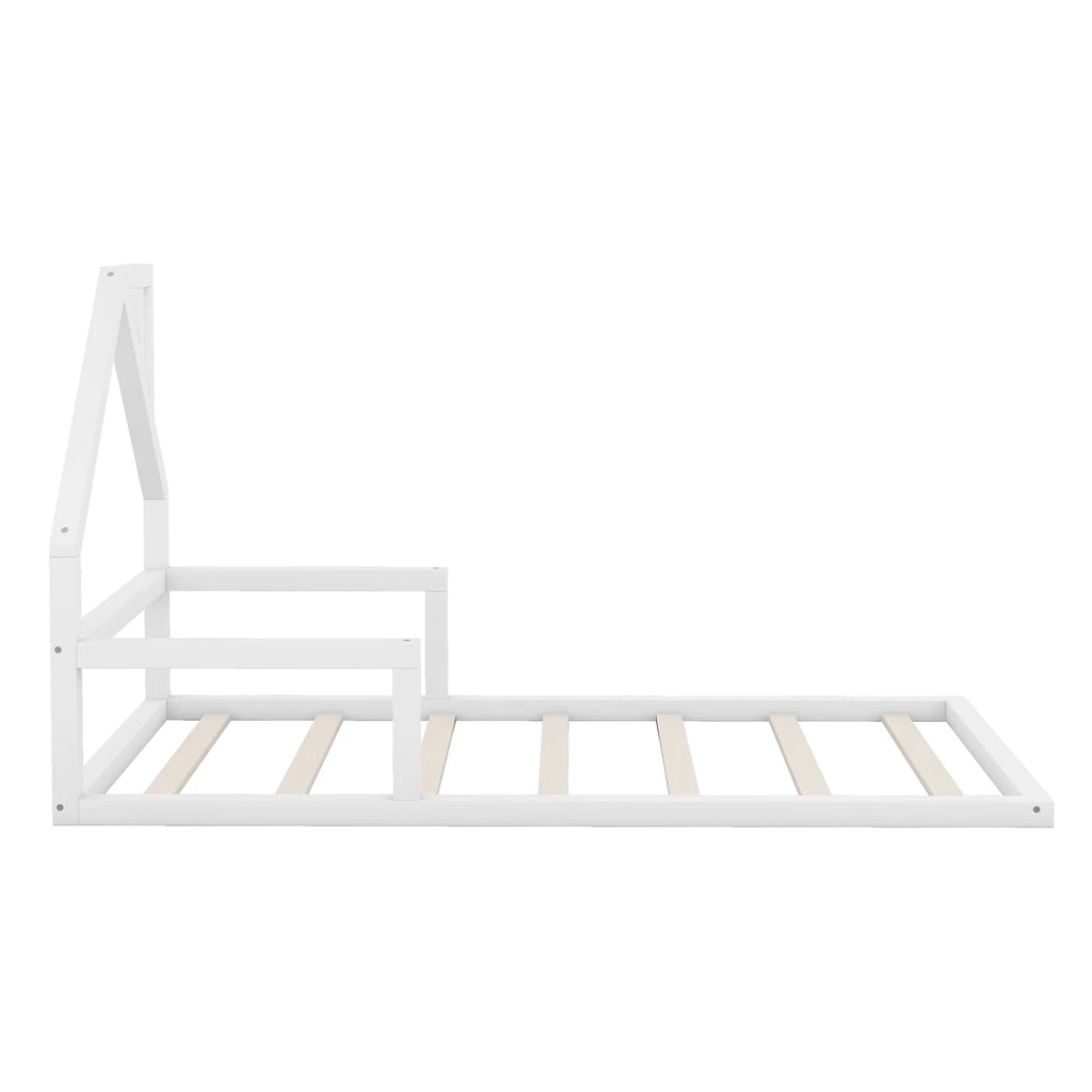 White Twin Size Wood Floor Bed with House-shaped Headboard P1307