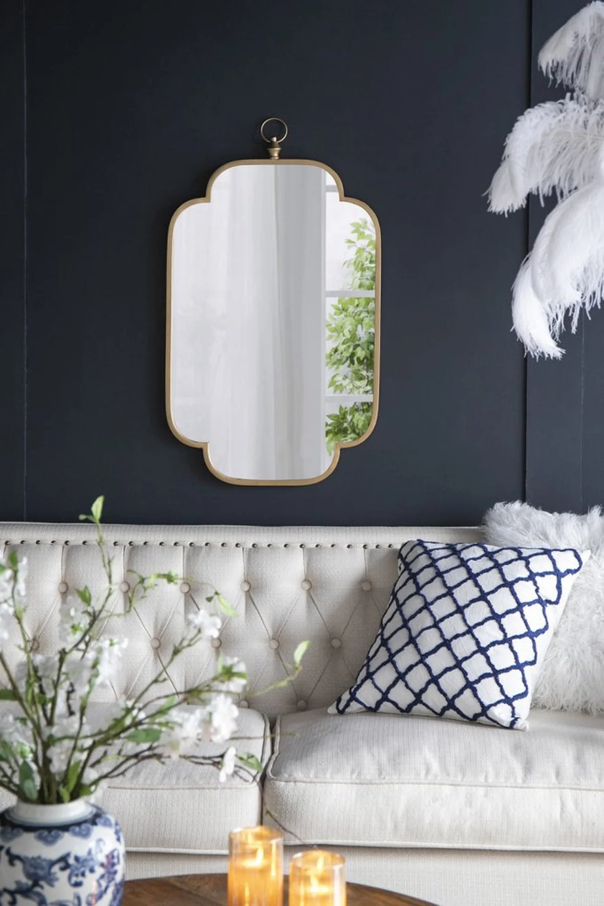 Gold Curved Notched Edges Wall Mirror with Ring - 36" A523499