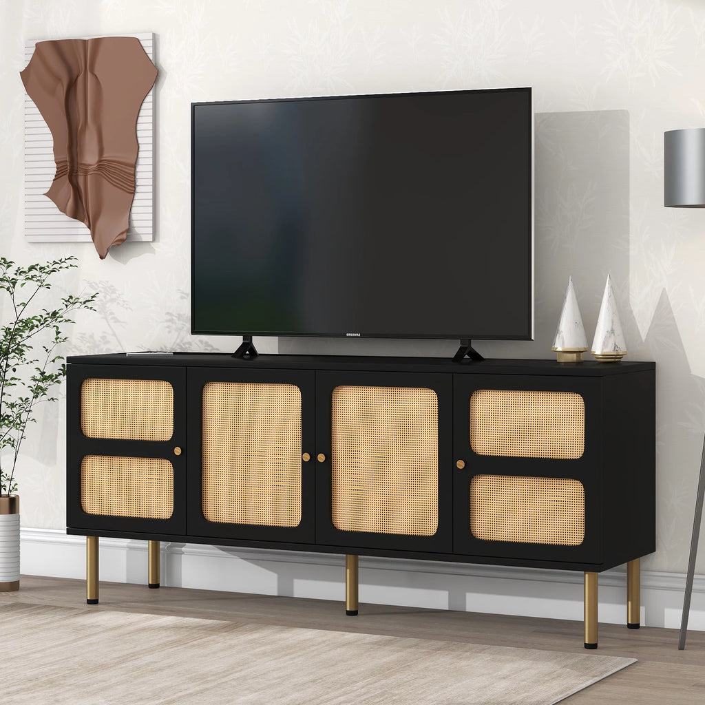 Boho Rattan TV Stand with Gold Metal Base I18773