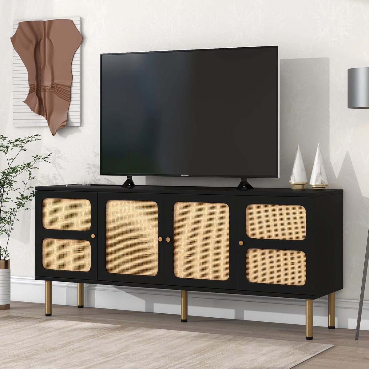 Boho Rattan TV Stand with Gold Metal Base I18773