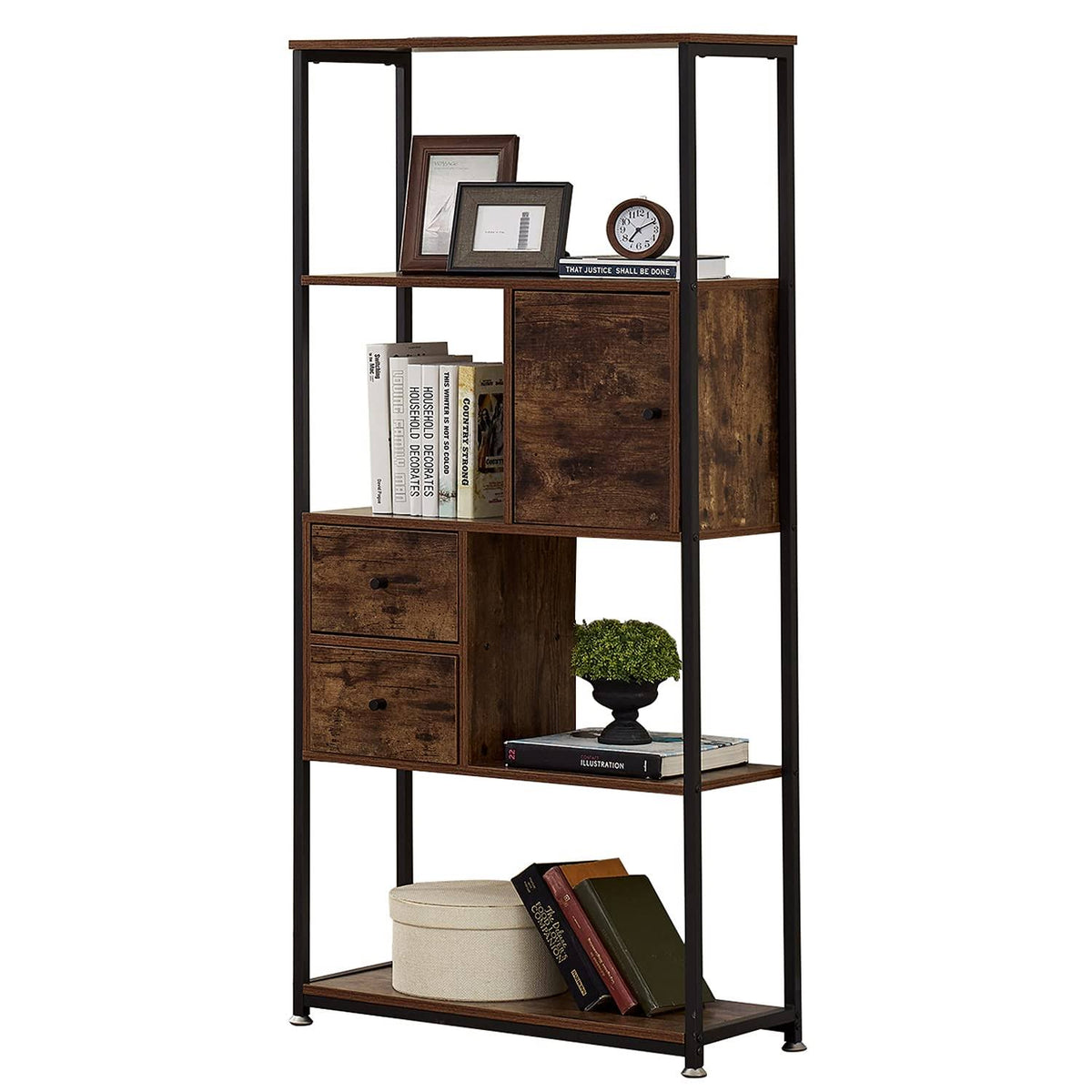 Brown 4-Tier Bookshelf with Drawers U8204