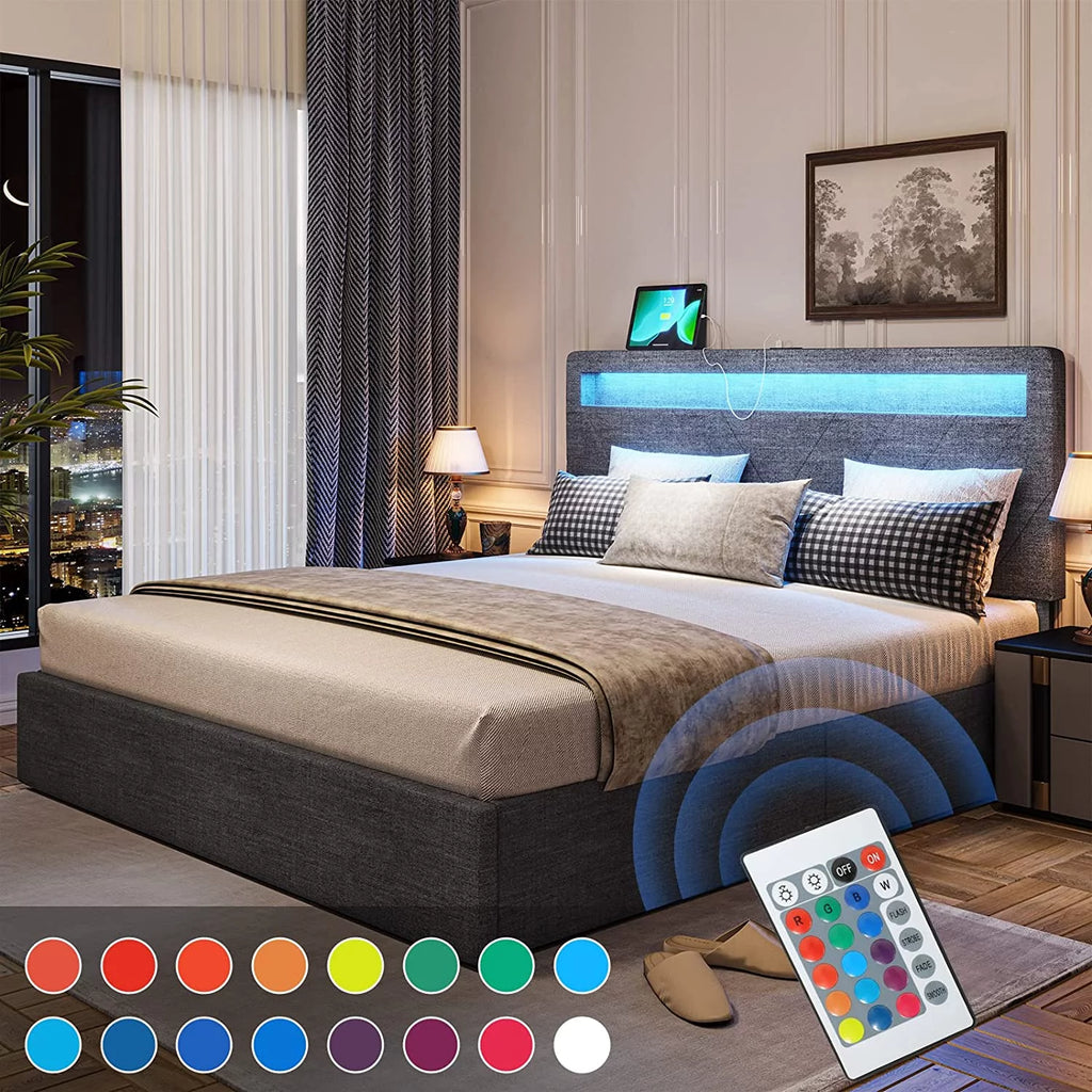 Queen Bed Frame with LED Lights Headboard, 4 Drawers, 2 USB Charging Station, Dark Gray B171