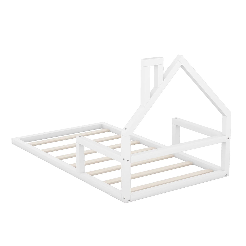 White Twin Size Wood Floor Bed with House-shaped Headboard P1307