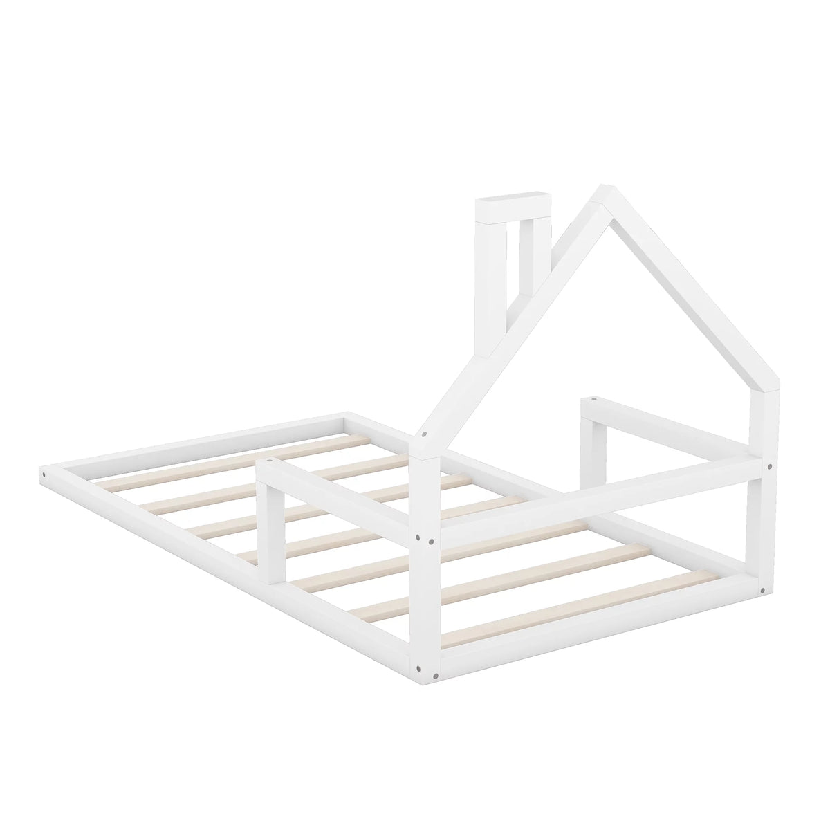 White Twin Size Wood Floor Bed with House-shaped Headboard P1307