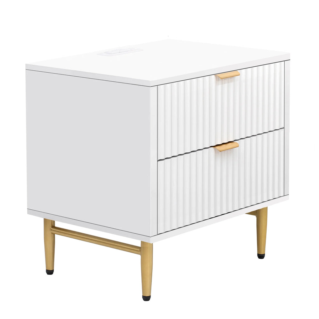 Modern Wood Fluted Nightstand Set of 2 with Charging Station White L853598