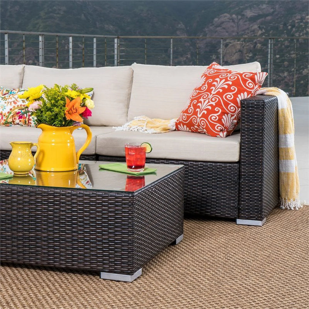 Multibrown Wicker 5 Seater Sectional Sofa Set with Beige Cushions U732021