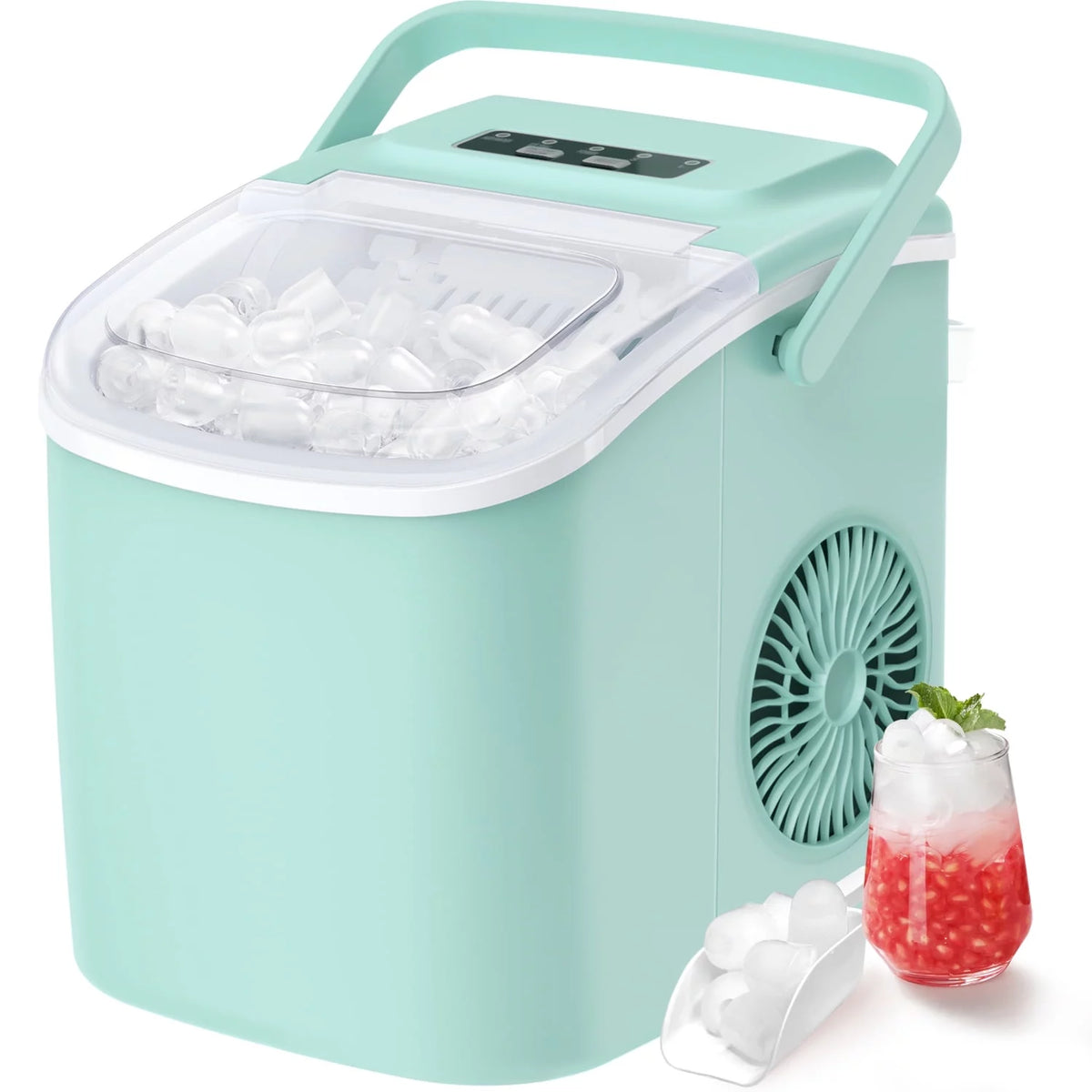 Countertop Ice Maker with Handle, 9 Cubes/6 Mins, 26lbs/24Hrs, Self-Cleaning, Ice Scoop and Basket, 2 Sizes of Bullet Ice, Green C924