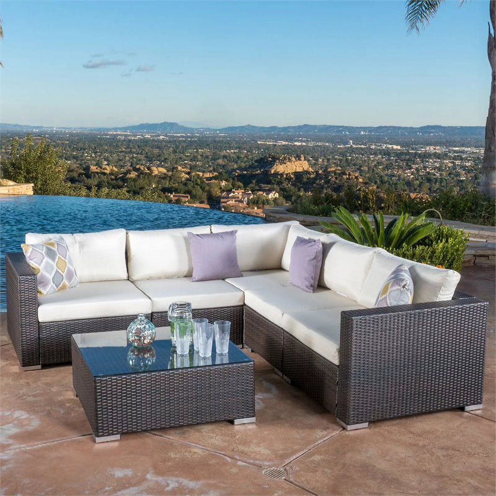 Multibrown Wicker 5 Seater Sectional Sofa Set with Beige Cushions U732021