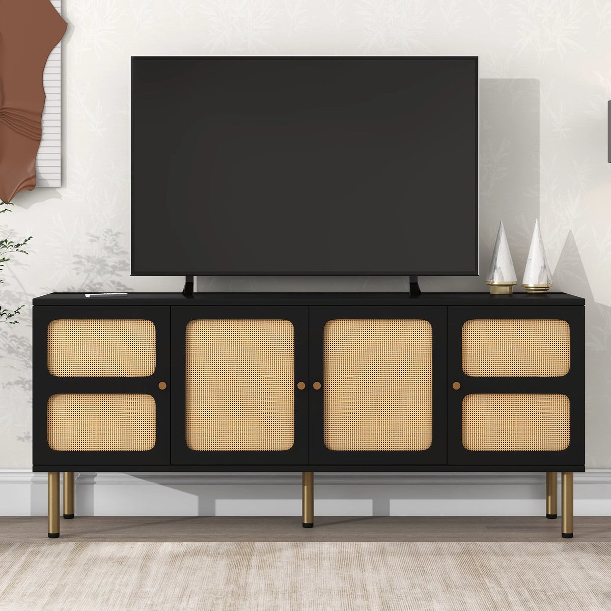 Boho Rattan TV Stand with Gold Metal Base I18773