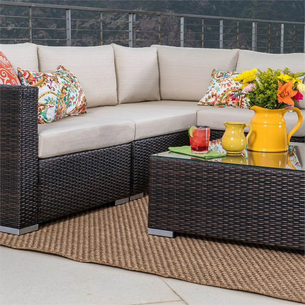 Multibrown Wicker 5 Seater Sectional Sofa Set with Beige Cushions U732021