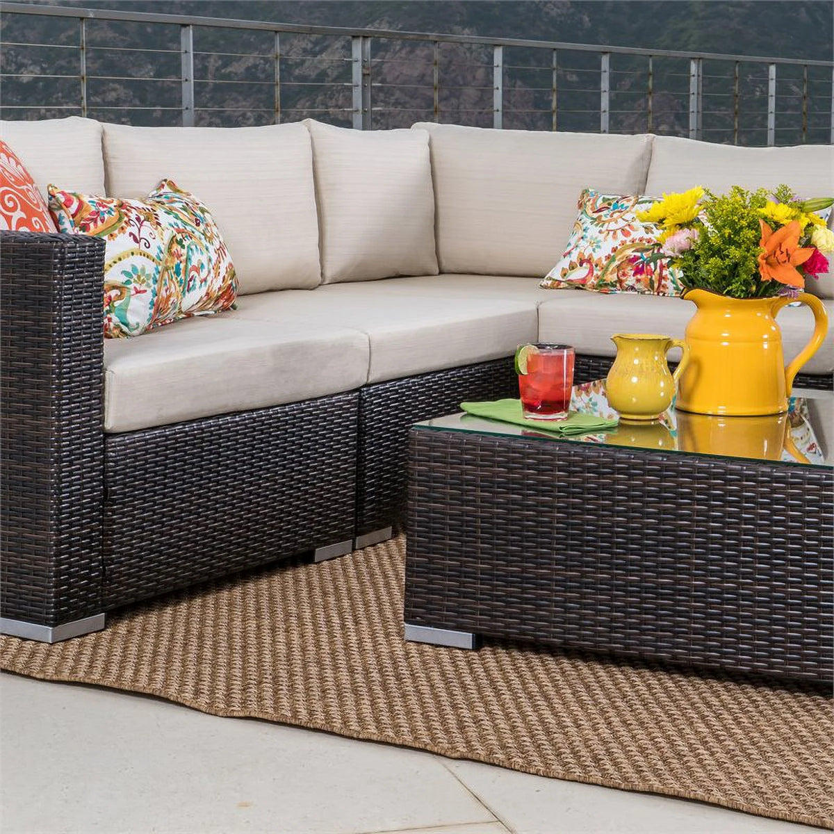 Multibrown Wicker 5 Seater Sectional Sofa Set with Beige Cushions U732021