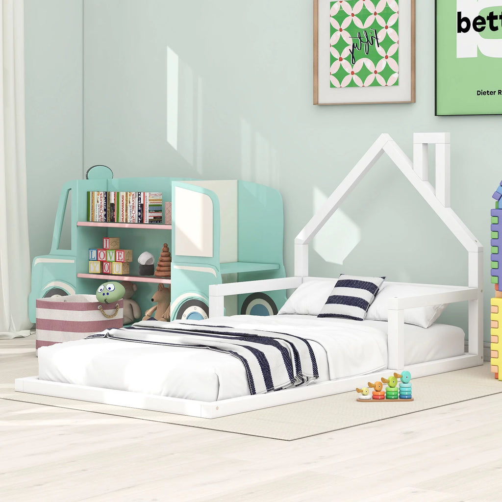 White Twin Size Wood Floor Bed with House-shaped Headboard P1307