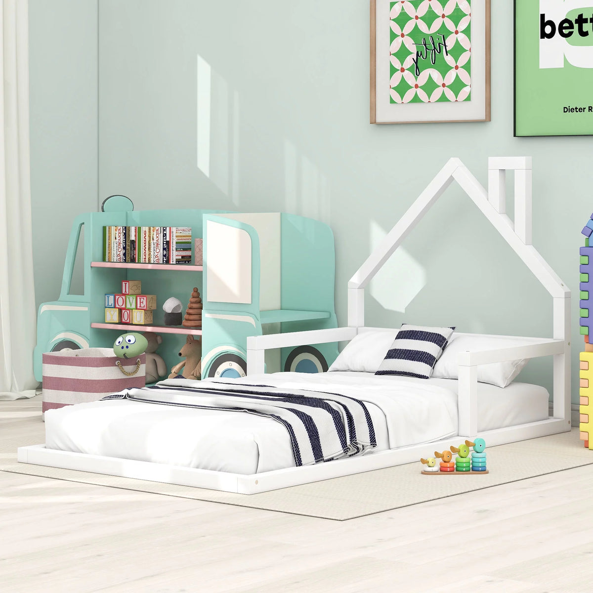 White Twin Size Wood Floor Bed with House-shaped Headboard P1307