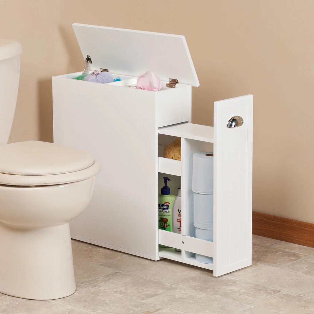 White Slim Bathroom Storage Cabinet with Slide-Out Shelf W3421