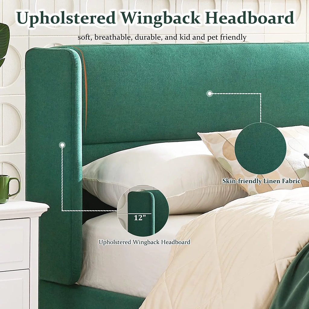 Queen Size Green Linen Upholstered Storage Bed X964774