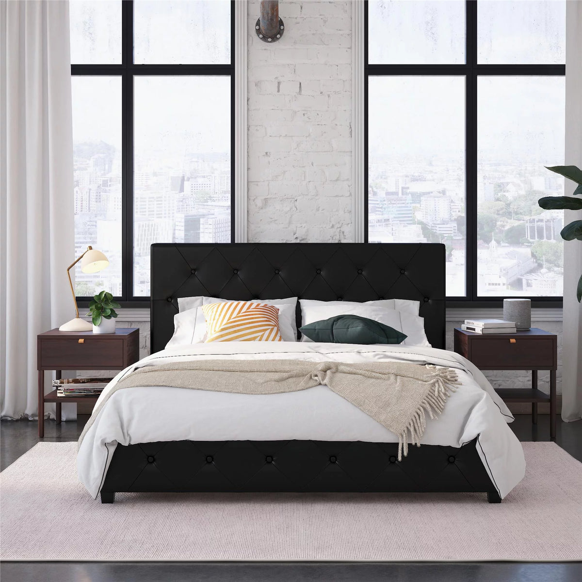 Queen Camel Faux Leather Upholstered Platform Bed U2572
