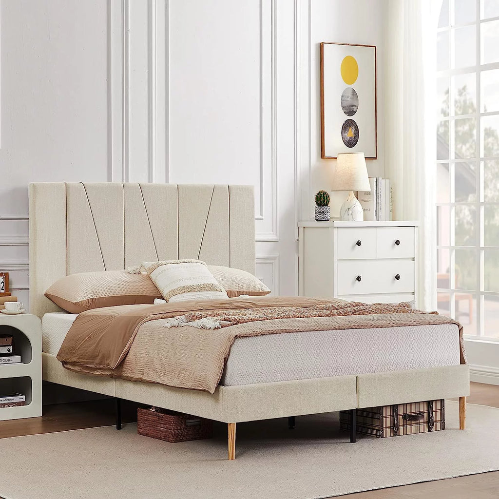 King Size Beige Fabric Upholstered Platform Bed Frame O42538