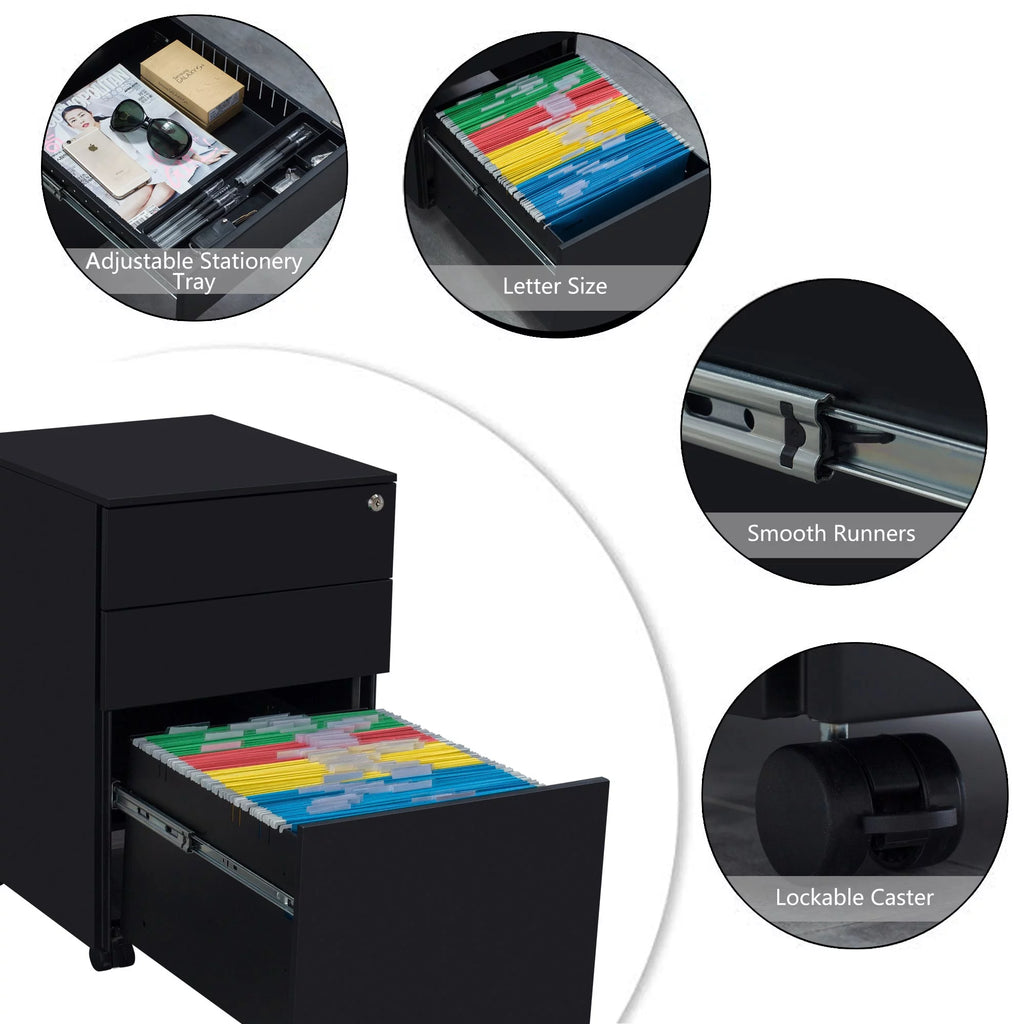 3 Drawer Black Mobile File Cabinet U659283