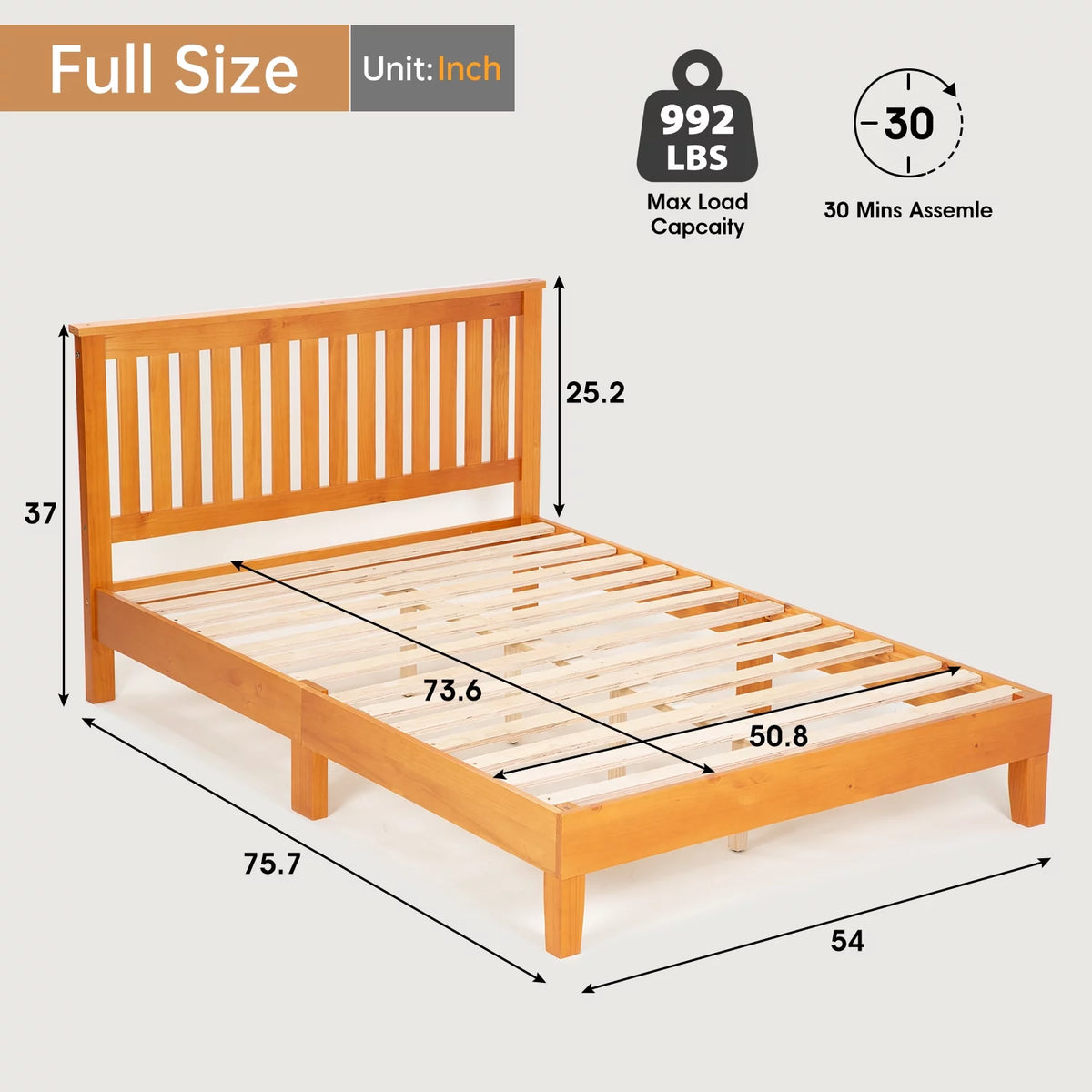 Queen Size Bed Frame with Headboard Wood Slats K5159