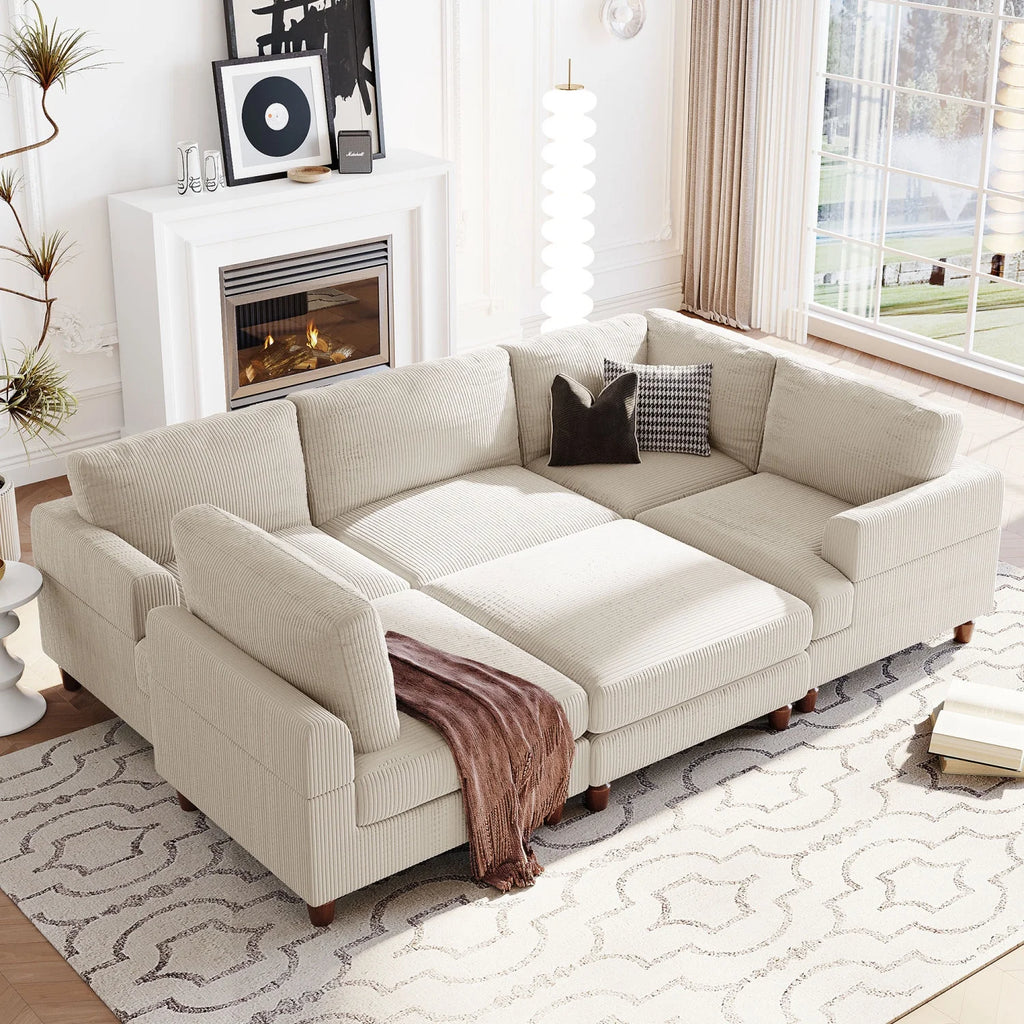 Beige Corduroy Modular Sectional Sofa with Chaise A18954