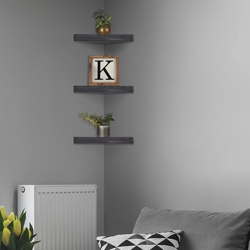 Black Set of 3 Wood Floating Corner Shelves J196589