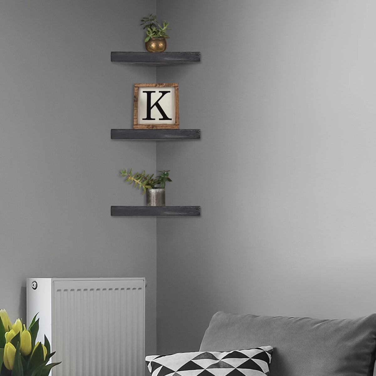 Black Set of 3 Wood Floating Corner Shelves J196589
