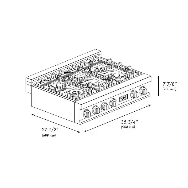 36 in. 6 Burner Gas Cooktop with Gold Knobs in Stainless Steel K890911